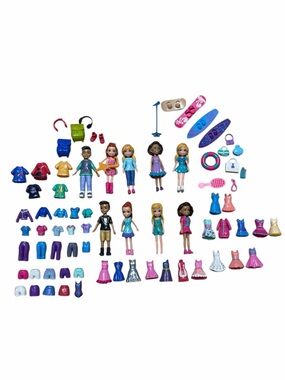 Polly Pocket Doll & Clothing Bundle Shani Lila Nicolas 9 Dolls 65 Pieces Lot